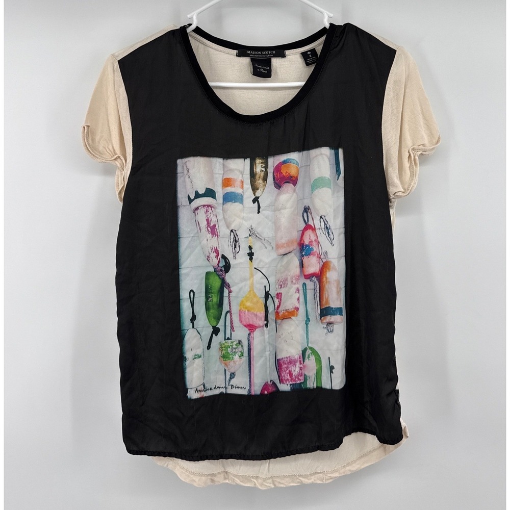 Maison Scotch Amsterdams Blauw Graphic Buoy Print Mixed Media Top Size 2 Black